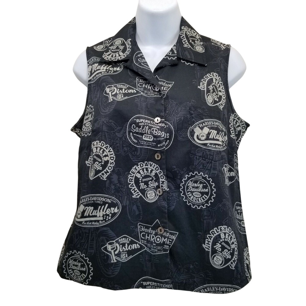Harley Davidson Tori Richard S Button Down Top Sleeveless Black Logo Print Moto